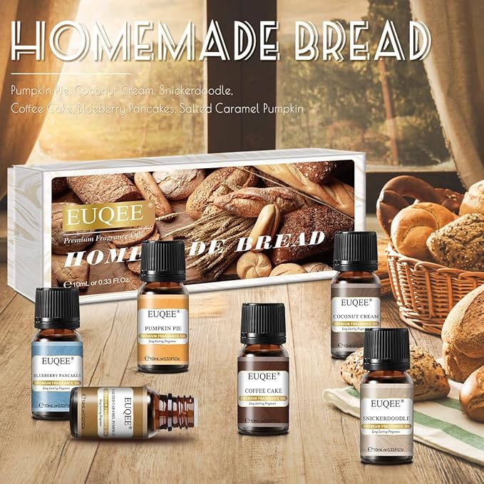 EUQEE 6PCS Premium Fragrance Oils for Homemade Bread-10ml-Pumpkin Pie, Coconut Cream, Snickerdoodle, Coffee Cake, Blueberry Pancakes, Salted Caramel Pumpkin