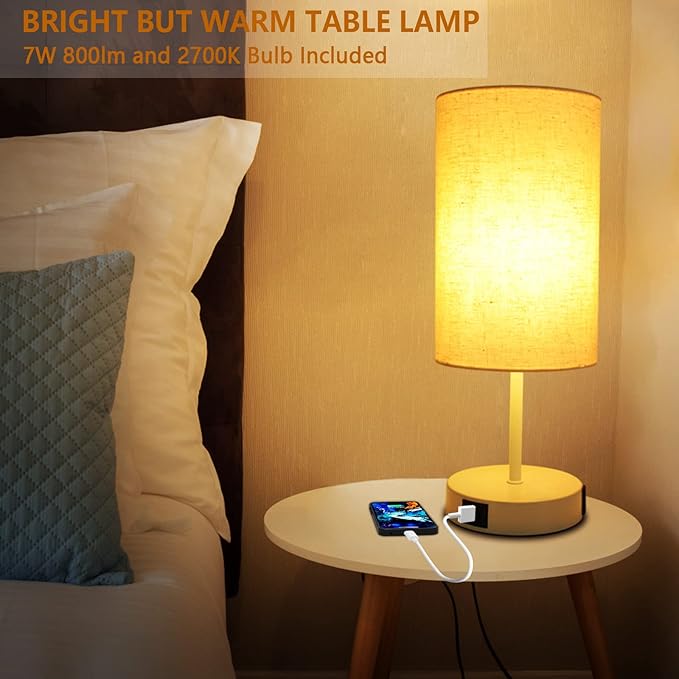HiBay 17.75" Touch Bedside Table Lamp with USB Charging Ports & AC Outlet, Modern White Nightstand Light for Bedroom, Living Room, Kids Room, 3-Way Dimmable, Round Fabric Shade, E26 LED Bulb Included