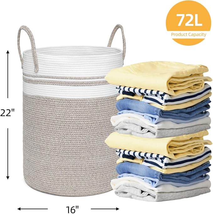 72L Large Laundry Basket, Laundry Hamper with Handles, Clothes Storage Basket, Tall Woven Rope Storage Basket for Dirty Clothes, Blankets, Pillows in Bathroom, Bedroom (Brown, 16 x 22in)
