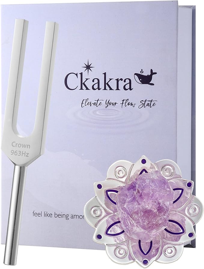 Ckakra Solfeggio Frequencies Tuning Fork with Crystal Kit,Solfeggio Energy Tuners,963hz Crown Chakra,Natural Amethyst,Meditation Gifts for Women,Shiny Silver