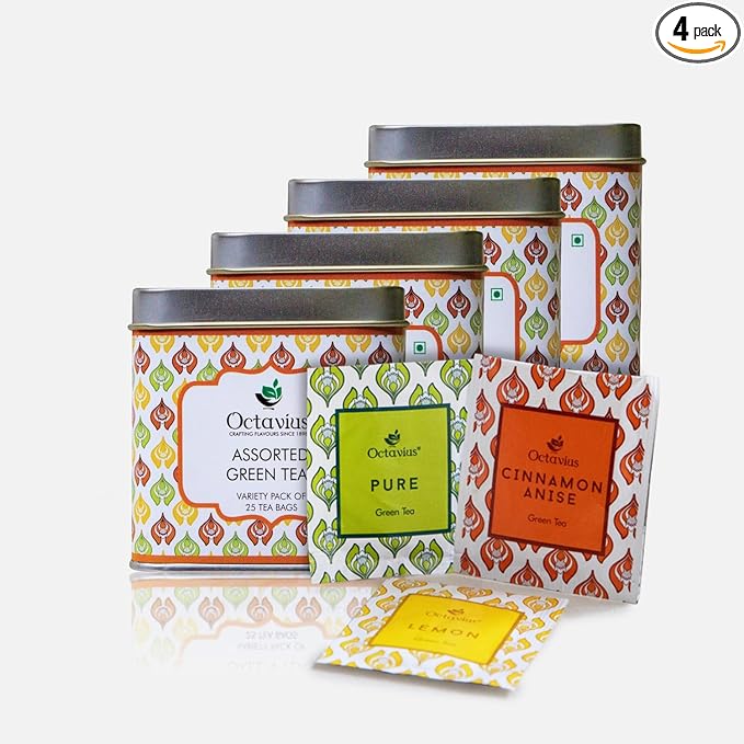 Octavius Green Tea Variety Pack | 3 Assorted Green Teas – Lemon Honey, Cinnamon Anise & Pure Green | 25 Tea Bags Each | Detox & Antioxidant-Rich | Tea Sampler Pack | Pack of 4