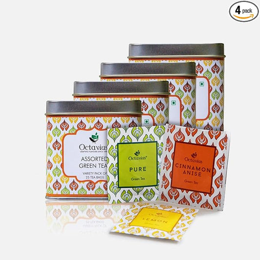 Octavius Green Tea Variety Pack | 3 Assorted Green Teas – Lemon Honey, Cinnamon Anise & Pure Green | 25 Tea Bags Each | Detox & Antioxidant-Rich | Tea Sampler Pack | Pack of 4