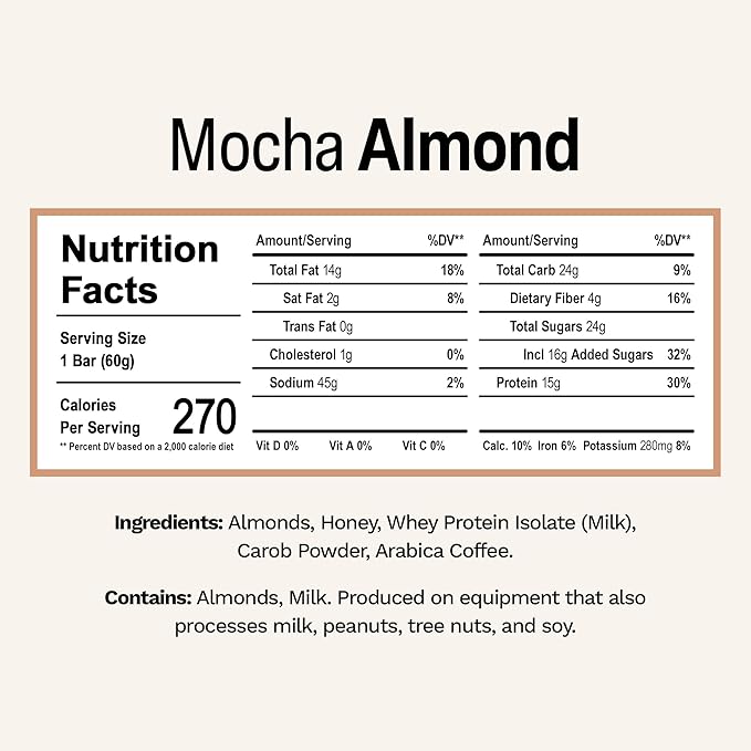 Rise Whey Protein Bars - Mocha Almond | Breakfast Bar & Protein Snack 15g Protein 4g Fiber Just 5 Whole Food Ingredients Gluten-Free Soy Free