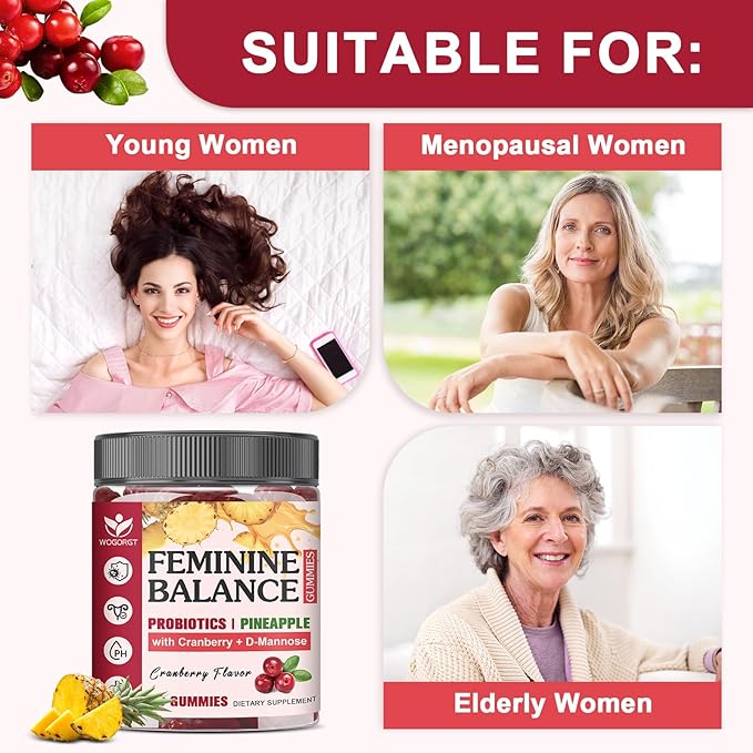 Feminine Balance Gummies for Women - Vaginal Health, pH Balance Support, Pineapple Probiotics Gummies for Women with Cranberry Extract and D-Mannose, Sugar Free, Vegan, Cranberry Flavor - 60 Ct