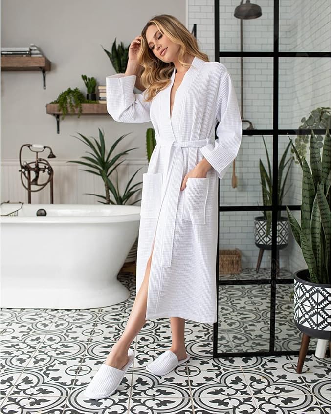 Lotus Linen Waffle Robes for Women - Lightweight Cotton Kimono Bathrobe - Long Soft Spa Bath Robe