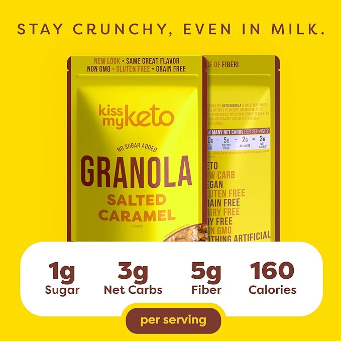 Kiss My Keto Sugar Free Granola, Salted Caramel 1-Pack – Curb Cravings with Few Net Carbs – Allulose Sweetened, Resealable & Gluten-Free Crunchy Clusters – Grain Free Granola Great With Yogurt or Milk