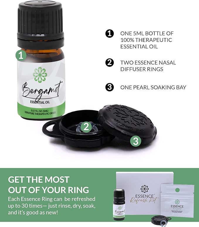 Essence Wearable Aromatherapy Nasal Diffuser – Bergamot Essential Oil Nose Ring Silicone Inhaler for Stress & Mood Support - Made in USA & Travel-Friendly