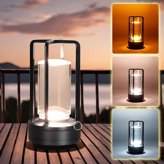 Crystal Lantern Light, Czgor Battery Operated Rechargeable Cordless Crystal Table Lantern Lamp with 3-Color, Portable Small LED Desk Lamp for Indoor/Outdoor Patio Camping Bedroom Bar Restaurant(Black)