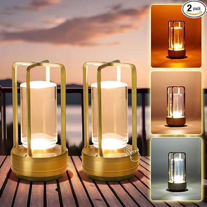 Crystal Lantern Lights Set of 2, Czgor Battery Operated Rechargeable Cordless Crystal Table Lantern Lamp with 3-Color, Small LED Desk Lamp for Indoor/Outdoor Patio Camping Bedroom Bar Restaurant(Gold)