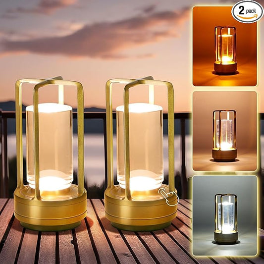 Crystal Lantern Lights Set of 2, Czgor Battery Operated Rechargeable Cordless Crystal Table Lantern Lamp with 3-Color, Small LED Desk Lamp for Indoor/Outdoor Patio Camping Bedroom Bar Restaurant(Gold)