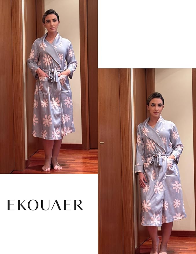 Ekouaer Robes for Women Long Waffle Knit Bathrobe Lightweight Kimono Robe Soft Shawl Collar Spa Robes with Pockets S-XXL