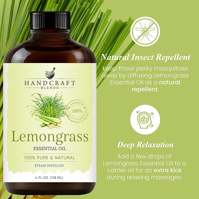 Handcraft Blends Lemongrass Essential Oil – Huge 4 Fl Oz – 100% Pure and Natural – Premium Grade Essential Oil for Diffuser and Aromatherapy, Skin, Massage, Candle and Soap Making Fragrance