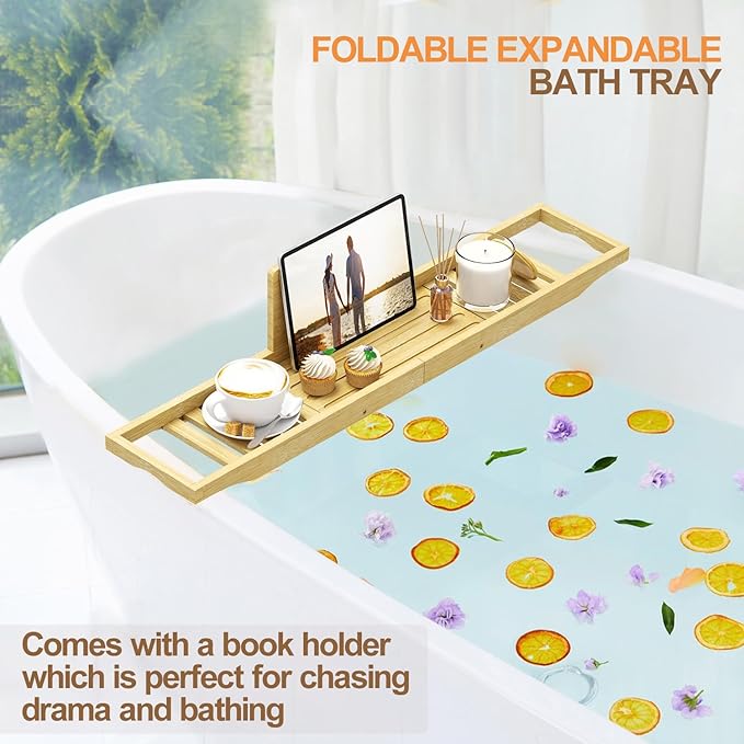 Bathtub Tray Caddy - Bath Tray - Bath Tub Table Tray Caddy - Bamboo Bath Tray for Tub