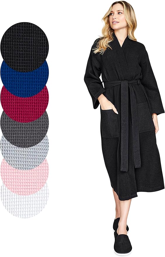 Lotus Linen Waffle Robes for Women - Lightweight Cotton Kimono Bathrobe - Long Soft Spa Bath Robe