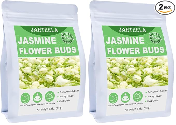 Jarteela - Jasmine Flowers Dried - 3.53oz/100g - Edible Dried Jasmine Flowers - Non-GMO - Caffeine-free - Blends Well With Tea (Pack of 2)