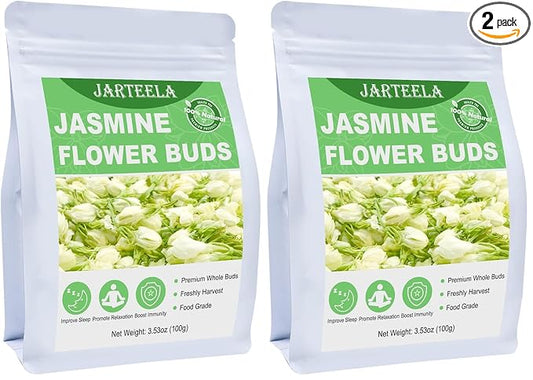Jarteela - Jasmine Flowers Dried - 3.53oz/100g - Edible Dried Jasmine Flowers - Non-GMO - Caffeine-free - Blends Well With Tea (Pack of 2)