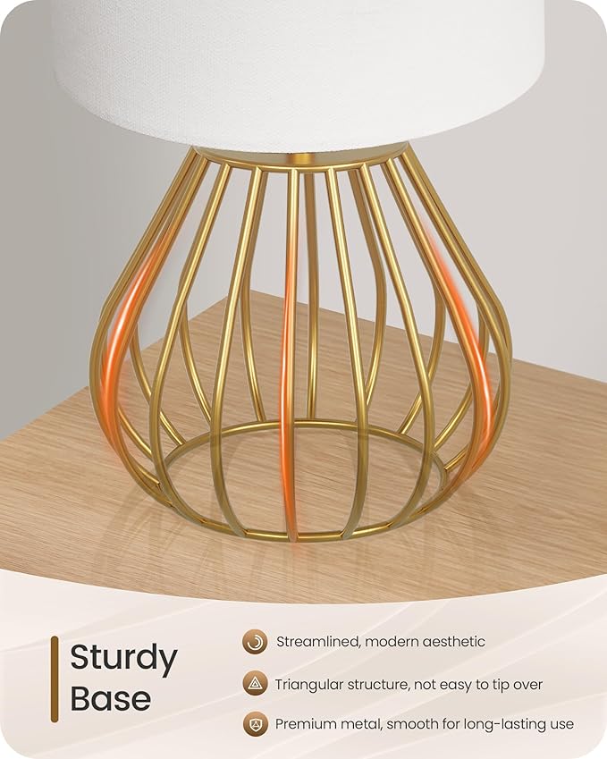 Bedside Table Lamp, Small Table Lamp with Teardrop Cage Linen Lampshade, Modern Nightstand Lamp, Small Cute Desk Lamp for Bedroom, Living Room, 2700K LED Bulb Included, Gold DCW06TL05