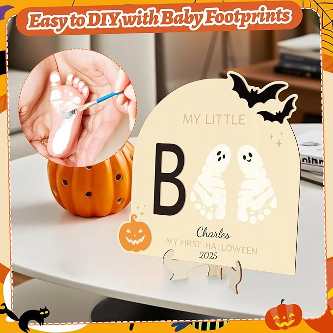 Sereliy Baby's First Halloween DIY Footprint Art Card, Wooden Little Boo Sign Keepsake Ornaments for Baby Shower Newborn Photoshoot Prop (Boo)