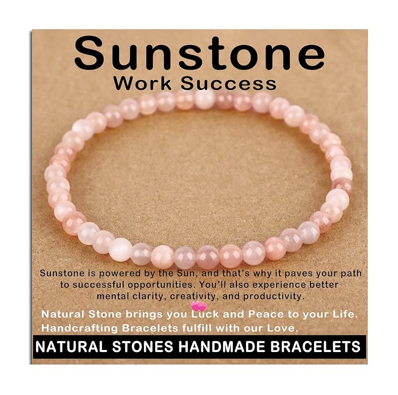 AD Beads Handmade Gemstone Stretch Elastic Bracelet Crystal Healing Reiki Nature's Beauty and Spiritual Essence Unisex (4mm, Sunstone (Work Success))