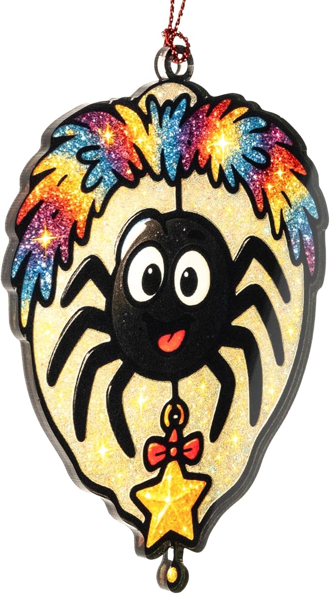 Christmas Spider Ornament – Lucky Holiday Spider with Star | Glitter Rainbow Ornament Card – Fun Quirky Holiday Decor – Sparkly Gift Tradition – Suncatcher Effect Window Spidergag 1