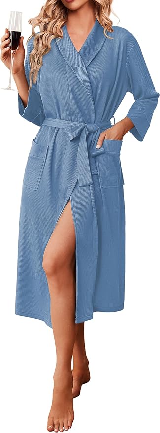 Ekouaer Robes for Women Long Waffle Knit Bathrobe Lightweight Kimono Robe Soft Shawl Collar Spa Robes with Pockets S-XXL
