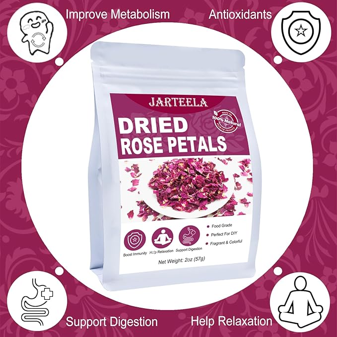 Jarteela - Dried Rose Petals Culinary- Natural Edible Rose Petals, 2oz - Food Grade Flower Petals - Non-GMO Tea - Perfect for Soap, DIY, Tea & Baking