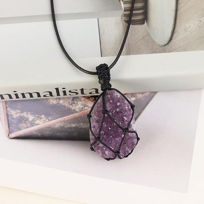 Handmade Natural Gemstone Crystal Pendant Necklace Stone Holder Necklace Cord Net Necklace with Adjustable Length for Women Men