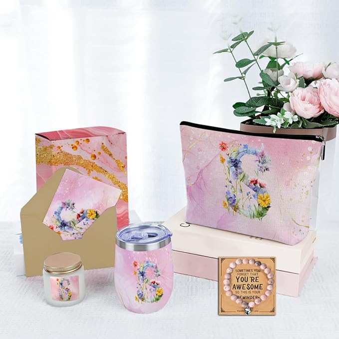 Personalized Gifts Monogrammed Birthday Gifts for Women, New Mom, Grandma Valentine's Day Thank You Christmas, Initial Wine Tumbler Makeup Bag Scented Candle Bracelet Set, (Aesthetic Pink Flower S)