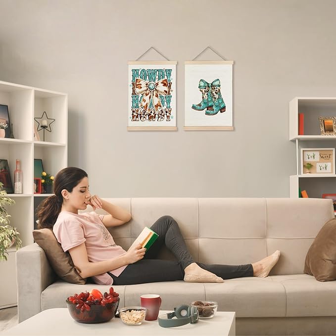 Exqcom Coquette Western Bow Howdy Wall Art Poster, Cowgirl Room Decor, Trendy Turquoise Cowboy Boots Posters for Girls Room Dorm Apartment, 12x16 Inches Set of 2