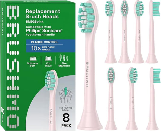 Brushmo Plaque Control Replacement Toothbrush Heads, Compatible with Philips Sonicare Click-on Electric Toothbrush Handles, 8 Standard Replacement Heads, Soft Dupont Bristles, BM928pk, Pink