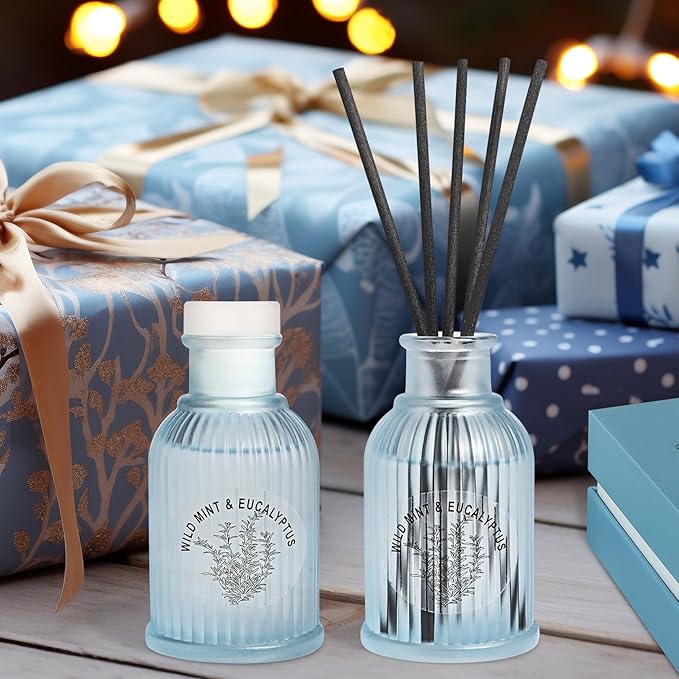 Wild Mint & Eucalyptus Reed Diffuser Set, 2-Pack Aroma Essential Oils, Basil and Ginger Scented Oil Home Fragrance with 10pcs Sticks, Aromatherapy Air Freshener for Room Shelf Bathroom Decor