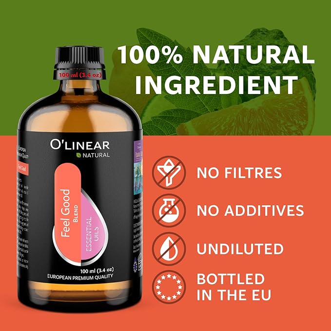 Premium Aromatherapy Essential Oil Feel Good Blend - 3.4 Fl Oz Happy & Relaxing Scent for Diffusers for Home - Relax Essential Oils for Humidifiers with Lavender Rose Lemon Cinnamon Geranium Aroma