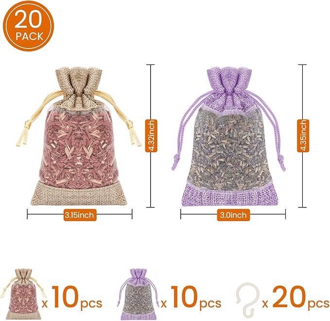 Homode Cedar Blocks for Clothes Storage, Pack of 20 Cedar Sachets and Lavender Sachet Bags for Drawers and Closets, Cedar Wood Chips, Scent Satchels Closet Freshener