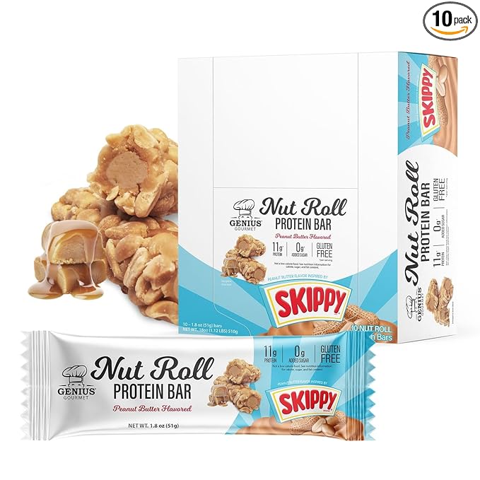 Genius Gourmet SKIPPY Peanut Butter Flavor Inspired Protein Nut Roll Bar,11g Protein per serving(18% DV), 0g Added Sugar, Carb Conscious Snack Bar, Gluten Free – 10 Count