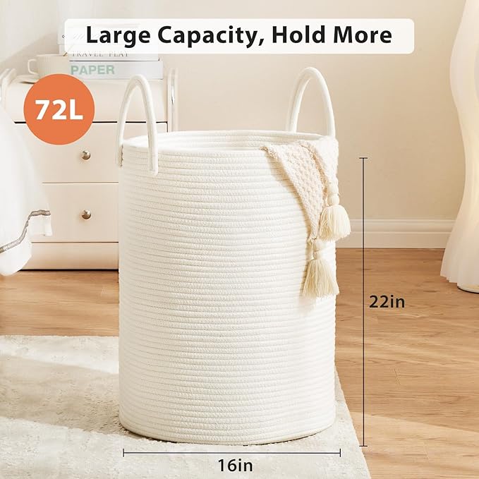 Fiona's magic 72L Large Woven Laundry Hamper, Tall Cotton Rope Storage Basket, Jute Baby Nursery Hamper for Blankets, Toys and Clothes in Bedroom and Living Room Organizing, White