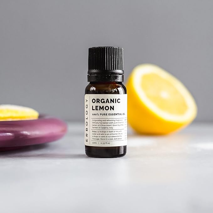 Erbology Organic Pure Lemon Essential Oil 0.34 fl oz - Refreshing & Invigorating - Small Batch - Sustainably Sourced Straight from Farm in Italy