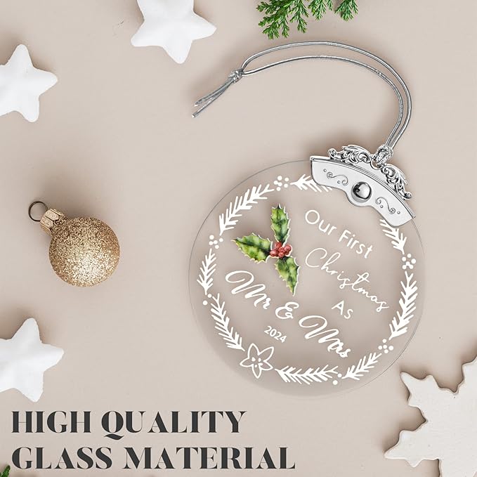 Christmas Tree Ornaments 3 Inch Clear Glass Blanks Round Print Ornament Christmas Hanging Decorative with Silver Ribbon (Mr & Mrs (2024))