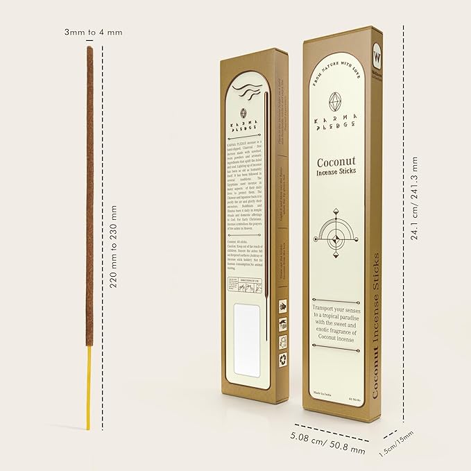 Coconut Incense Sticks, Organic Hand Dipped Incense, Natural Herbs & Aromatic Ingredients, Contain 40 Sticks Inside, Burn Time 45-60 Min, Spiritual Gifts, Incense by Karma Pledge