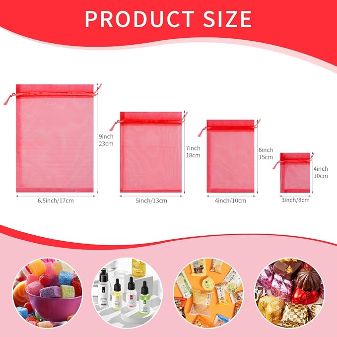 50 Pcs 5x7 Inch Organza Bags, Mesh Bags Drawstring Treat Bag Jewelry Pouch Bag for Christmas Gift Party Favor Wedding(Red)