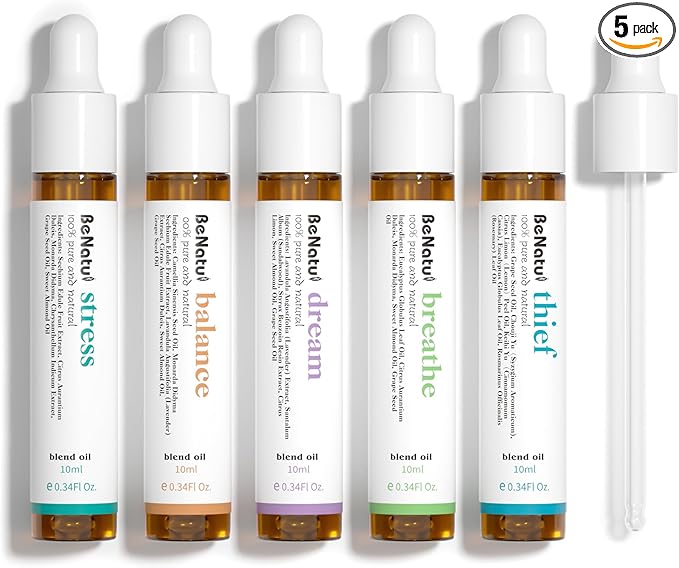 Essential Oils Blend Set, Relaxation Fragrance Gift for Women and Men, Natural Aromatherapy Kit for Diffuser, Home, Body Topical Massage (Dream, Breathe, Balance, Stress, Thief)