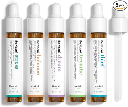 Essential Oils Blend Set, Relaxation Fragrance Gift for Women and Men, Natural Aromatherapy Kit for Diffuser, Home, Body Topical Massage (Dream, Breathe, Balance, Stress, Thief)