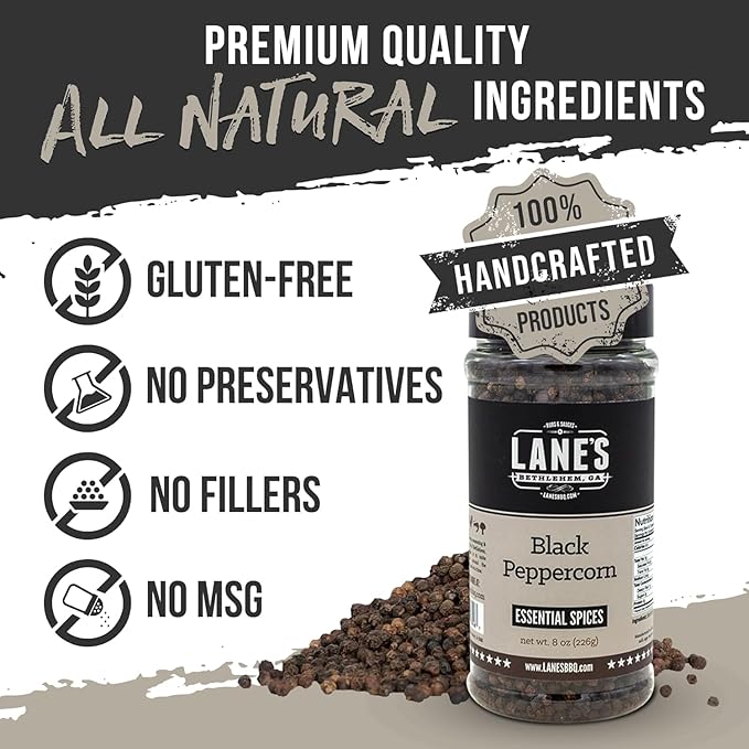 Lane's Whole Black Peppercorns, 8 Oz, All-Natural Whole Peppercorns for Grinder Refill, Black Pepper Corns Spice Seasoning, Made in USA