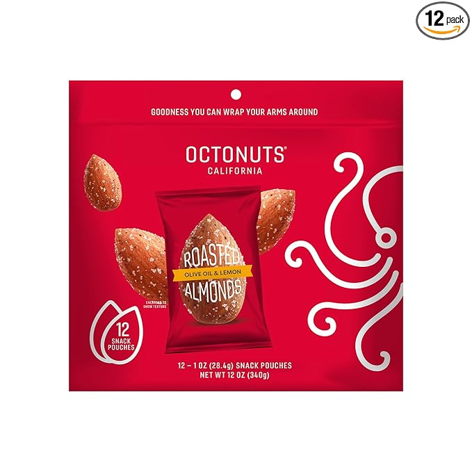 Octonuts Olive Oil & Lemon Almonds – 12 Individually Wrapped Snack Packs (1oz Each), Healthy Snacks for Adults and Kids, Non-GMO, Keto and Gluten-Free, Roasted in Cold Pressed Olive Oil