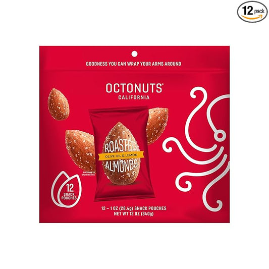 Octonuts Olive Oil & Lemon Almonds – 12 Individually Wrapped Snack Packs (1oz Each), Healthy Snacks for Adults and Kids, Non-GMO, Keto and Gluten-Free, Roasted in Cold Pressed Olive Oil