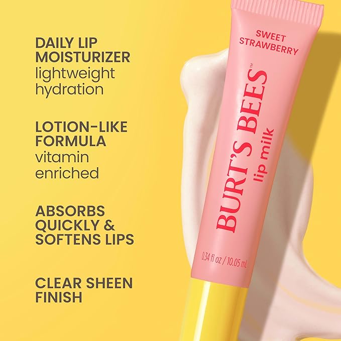 Burt’s Bees Stocking Stuffers, Lip Milk, Daily Lip Moisturizer, Sweet Strawberry, Vitamin Enriched Moisturizing Lip Balm with Almond Milk and Jojoba Oil, Hydrating for Softer Lips, 1 Tube, 0.34 Fl Oz