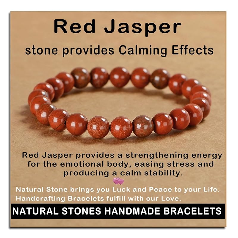 AD Beads Handmade Gemstone Stretch Elastic Bracelet Crystal Healing Reiki Nature's Beauty and Spiritual Essence Unisex (8mm, Red Jasper)