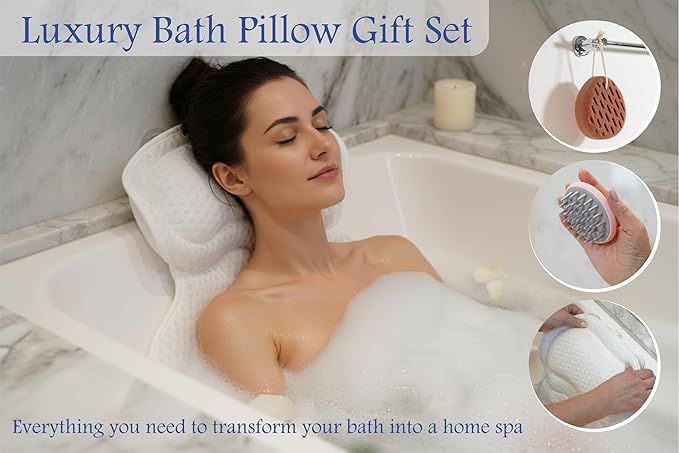 Bath Pillows for Tub, Luxury Bathtub Pillow Gift Set: 4D Air Mesh Cushion for Head & Neck, Spa Relaxing Accessories, Plus Bath Sponge & Scalp Massage Brush, Gift Bag