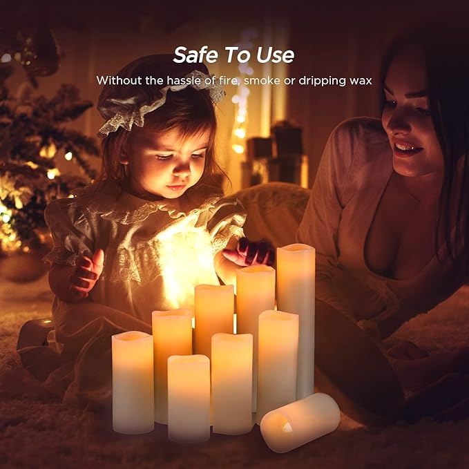 Hausware Flameless Candles Battery Operated Candles H 4" 5" 6" 7" 8" 9" Real Wax Pillar Flickering Candles LED Flameless Candles with Remote and Timer Control Set of 9 (Ivory Color)