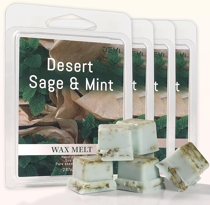 DEVI Scented Wax Melts, Natural Soy Wax Cubes Strong Scent -Peppermint & Sage - Long Lasting Scented Melts for Warmer, 4 Pack(24-Cubes)