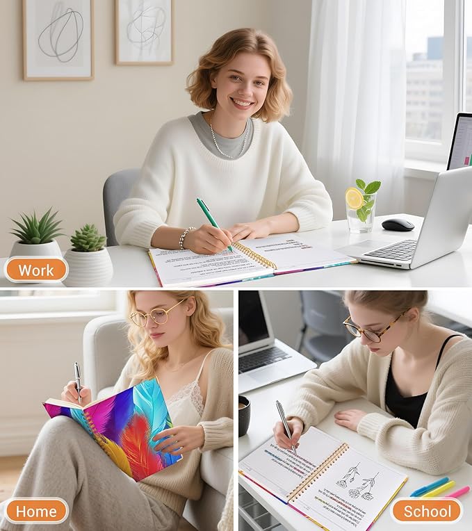 Lined Spiral Notebook Journal for Women, 200 Pages Cute Notebooks 8.5” x 11”, A4 Large Hardcover Spiral Journals with 100 GSM Thick Paper, College Ruled Notebook for Writing Work School, Colorful Feather